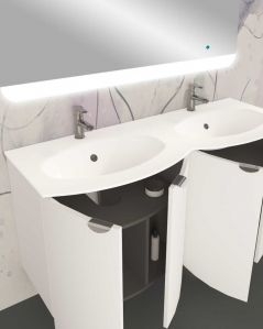 Mobile da bagno sospeso curvo 138 cm bianco opaco con ante e doppio lavabo - Luna