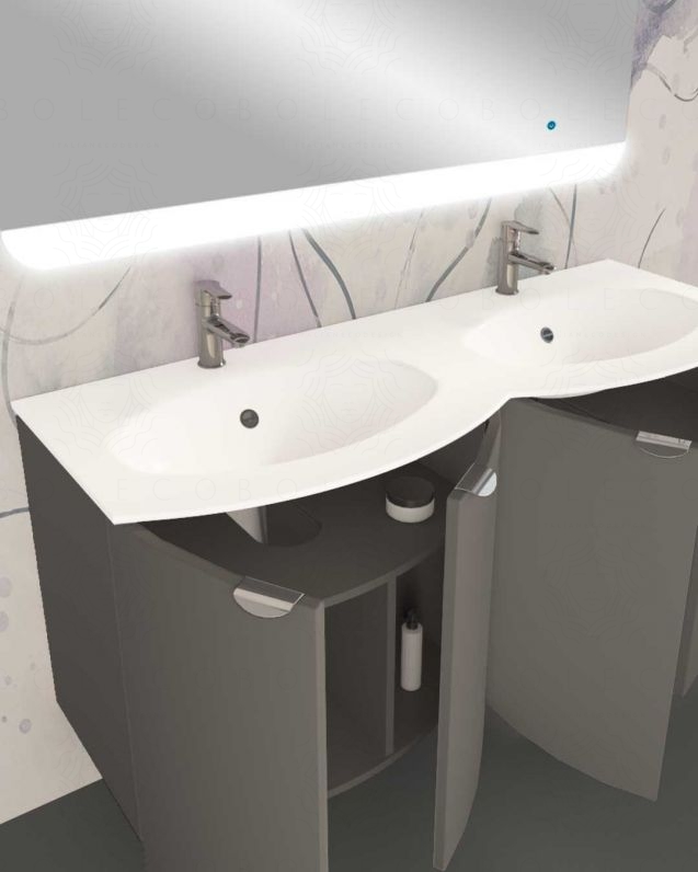 Mobile da bagno sospeso curvo 138 cm grigio medio con ante e doppio lavabo - Luna