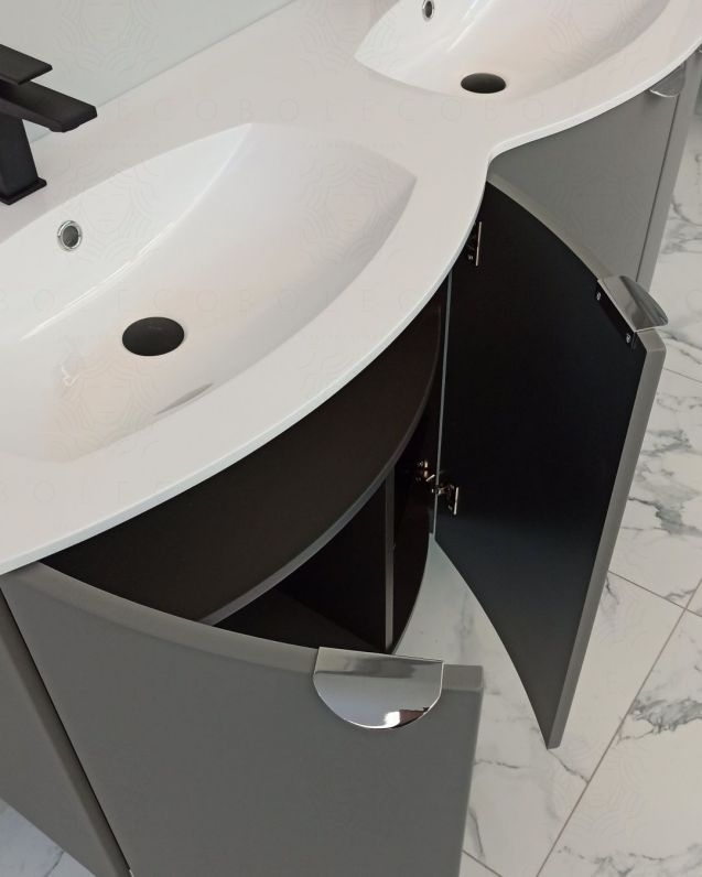 Mobile da bagno sospeso curvo 138 cm grigio medio con ante e doppio lavabo - Luna