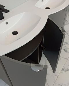 Mobile da bagno sospeso curvo 138 cm grigio medio con ante e doppio lavabo - Luna
