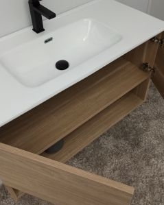 Mobile bagno sospeso Zoe 100 cm rovere segato con specchio contenitore led