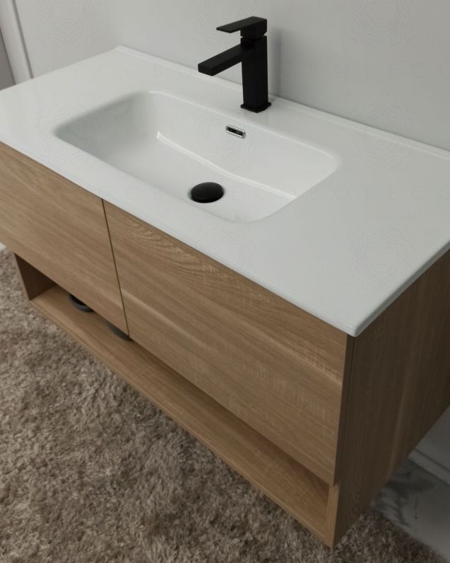 Mobile bagno sospeso Zoe 100 cm rovere segato con specchio contenitore led