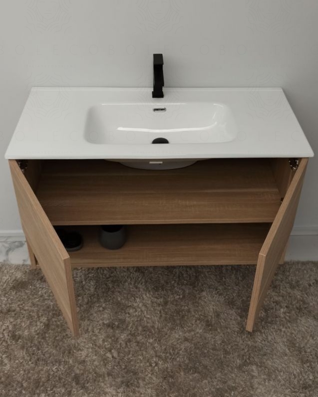 Mobile bagno sospeso Zoe 100 cm rovere segato con specchio contenitore led