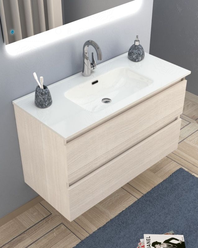 Mobile bagno sospeso Imperial 100 cm rovere bianco con specchio led