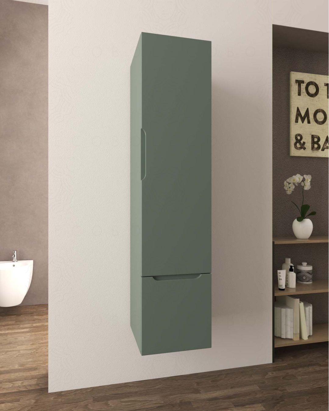 Colonna da bagno cm 35x150 verde opaco con 1 anta e 1 cassetto Colonna da bagno cm 35x150 verde opaco con 1 anta e 1 cassetto
