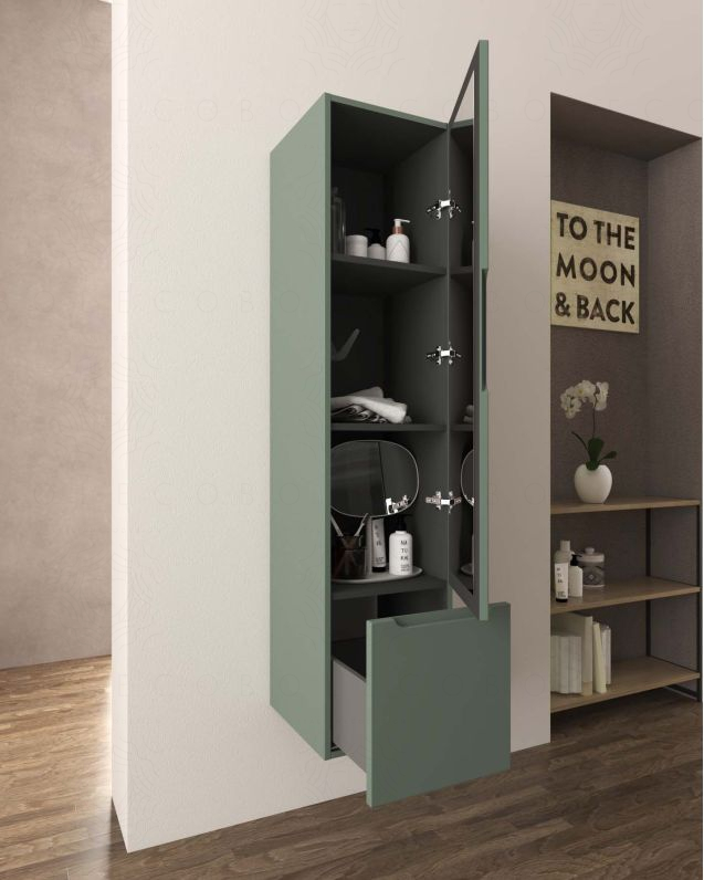 Colonna da bagno cm 35x150 verde opaco con 1 anta e 1 cassetto Colonna da bagno cm 35x150 verde opaco con 1 anta e 1 cassetto