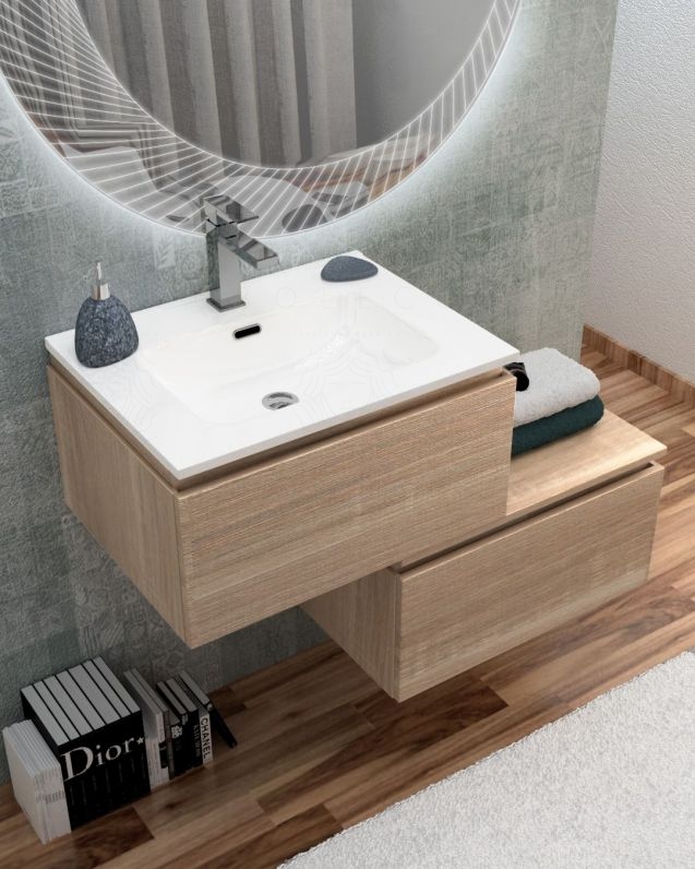 Mobile bagno sospeso Giava 60 cm rovere segato con cassettiera 60 cm e specchio led