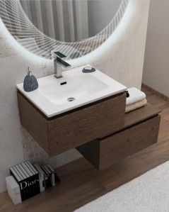 Mobile bagno sospeso Giava 60 cm rovere scuro con cassettiera 60 cm e specchio led