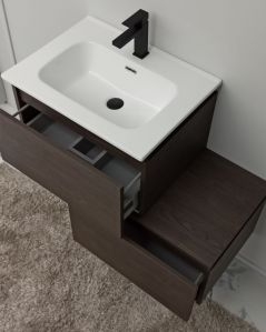 Mobile bagno sospeso Giava 60 cm rovere scuro con cassettiera 60 cm e specchio led