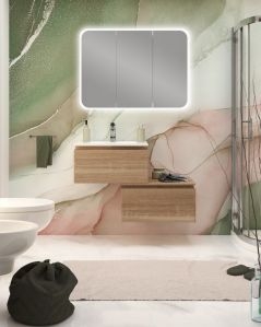 Mobile bagno sospeso Giava rovere segato con cassettiera, 90 cm e specchio contenitore led