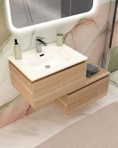 Mobile bagno sospeso Giava rovere segato con cassettiera, 90 cm e specchio contenitore led