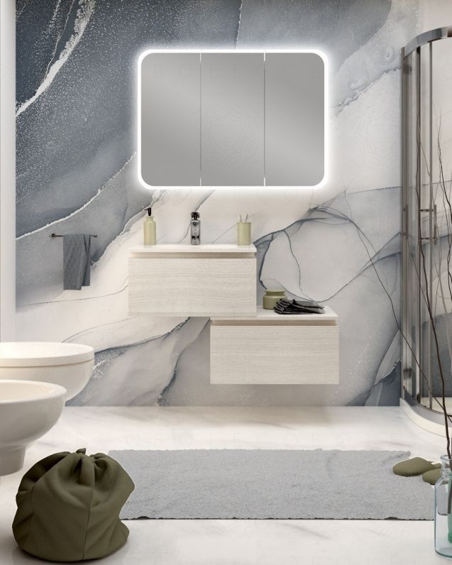 Mobile bagno sospeso Giava rovere bianco con cassettiera, 90 cm e specchio contenitore led