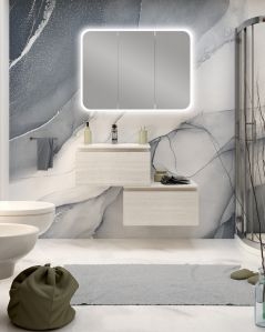 Mobile bagno sospeso Giava rovere bianco con cassettiera, 90 cm e specchio contenitore led