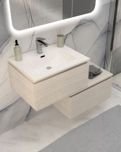 Mobile bagno sospeso Giava rovere bianco con cassettiera, 90 cm e specchio contenitore led