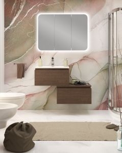 Mobile bagno sospeso Giava rovere scuro con cassettiera, 90 cm e specchio contenitore led