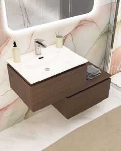 Mobile bagno sospeso Giava rovere scuro con cassettiera, 90 cm e specchio contenitore led