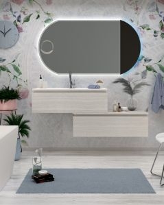 Mobile bagno sospeso Giava cm 150 rovere bianco con cassettiera e specchio led