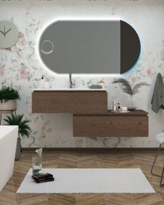 Mobile bagno sospeso Giava cm 150 rovere scuro con cassettiera e specchio led