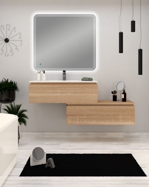 Mobile bagno sospeso Giava rovere segato con cassettiera 150 cm e specchio