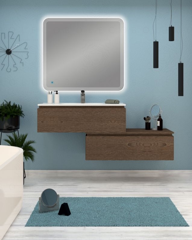 Mobile bagno sospeso Giava rovere scuro con cassettiera 150 cm e specchio
