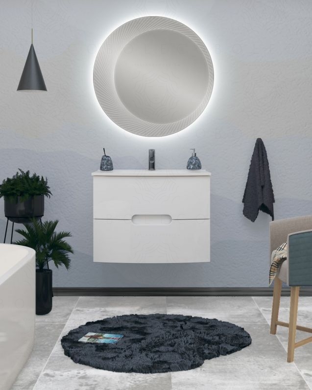Mobile bagno sospeso Lady, curvo, cm.74 con specchio led Mobile bagno sospeso Lady, curvo, cm.74 con specchio led