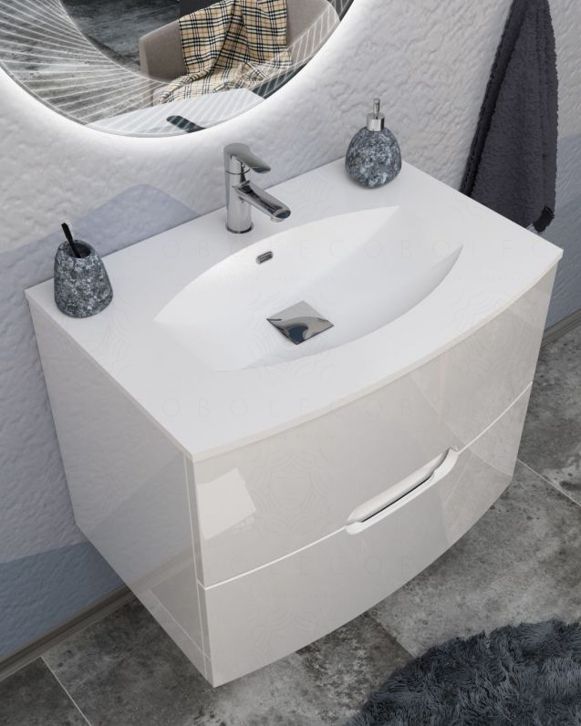 Mobile bagno sospeso Lady, curvo, cm 74 bianco lucido con specchio led Mobile bagno sospeso Lady, curvo, cm 74 bianco lucido con specchio led