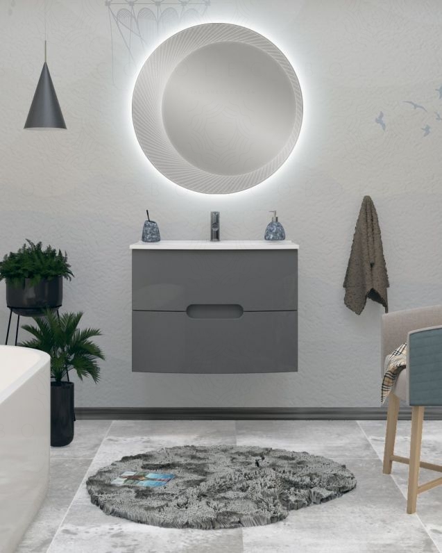 Mobile bagno sospeso Lady, curvo, cm 74 antracite con specchio led