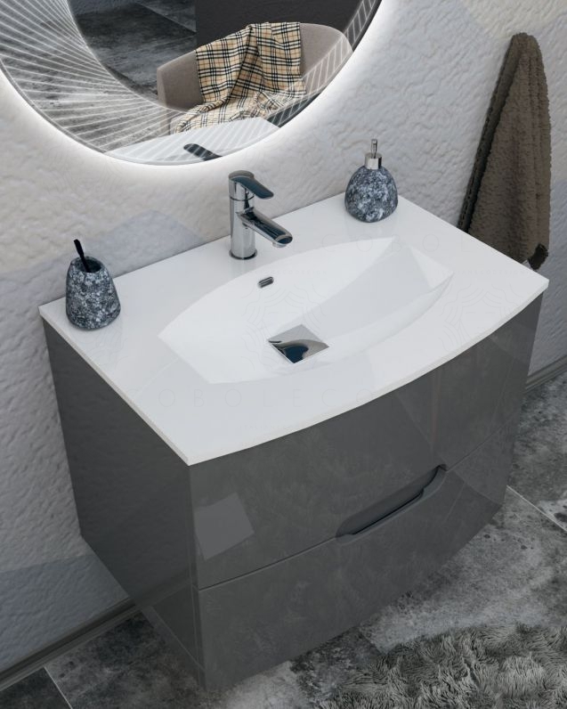 Mobile bagno sospeso Lady, curvo, cm 74 antracite con specchio led