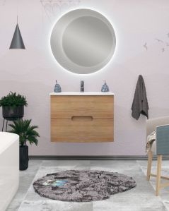 Mobile bagno sospeso Lady, curvo, cm 74 rovere naturale con specchio led