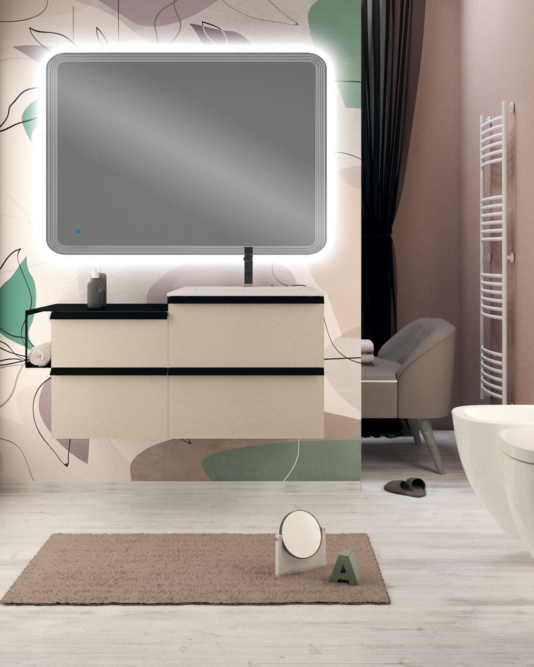 Mobile bagno sospeso Ghibli 115 cm perla spatolato con specchio led Mobile bagno sospeso Ghibli 115 cm perla spatolato con specchio led