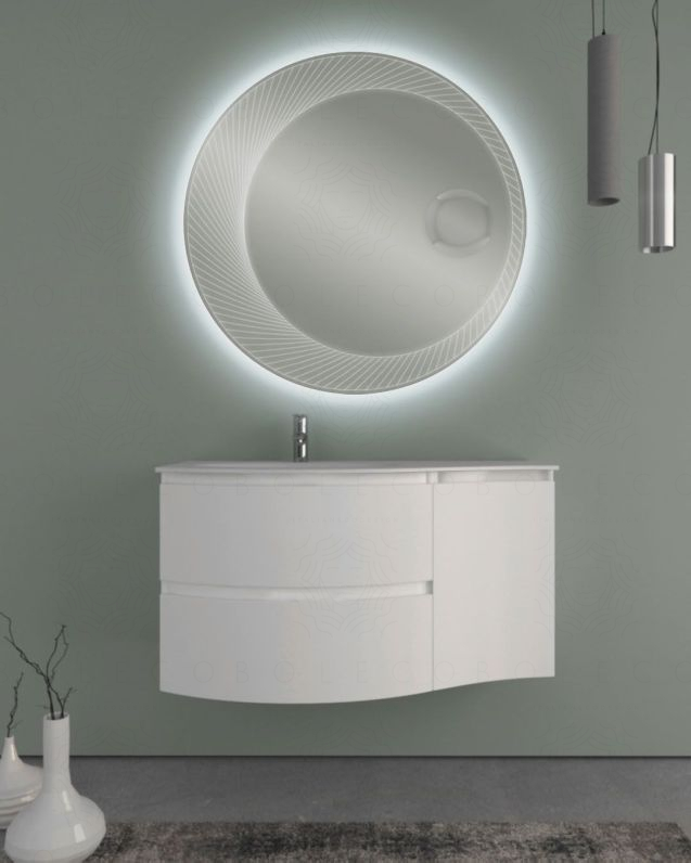 Mobile bagno curvo sospeso 105 cm bianco opaco e specchio led Mobile bagno curvo sospeso 105 cm bianco opaco e specchio led