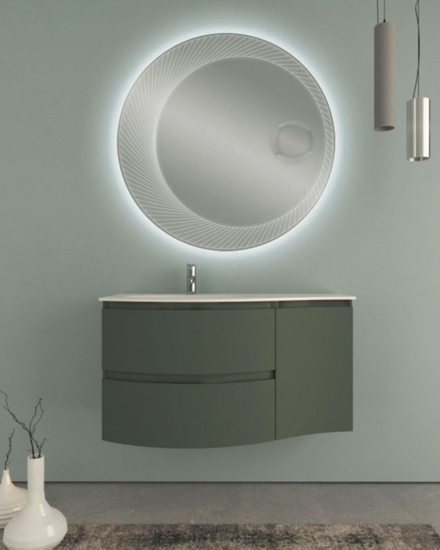 Mobile bagno curvo sospeso 105 cm verde opaco e specchio led Mobile bagno curvo sospeso 105 cm verde opaco e specchio led