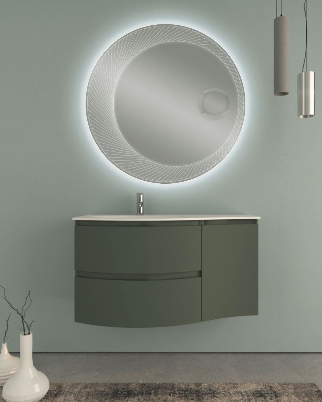 Mobile bagno curvo sospeso 105 cm verde opaco e specchio led Mobile bagno curvo sospeso 105 cm verde opaco e specchio led