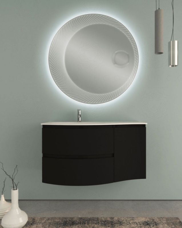 Mobile bagno curvo sospeso 105 cm nero opaco e specchio led Mobile bagno curvo sospeso 105 cm nero opaco e specchio led