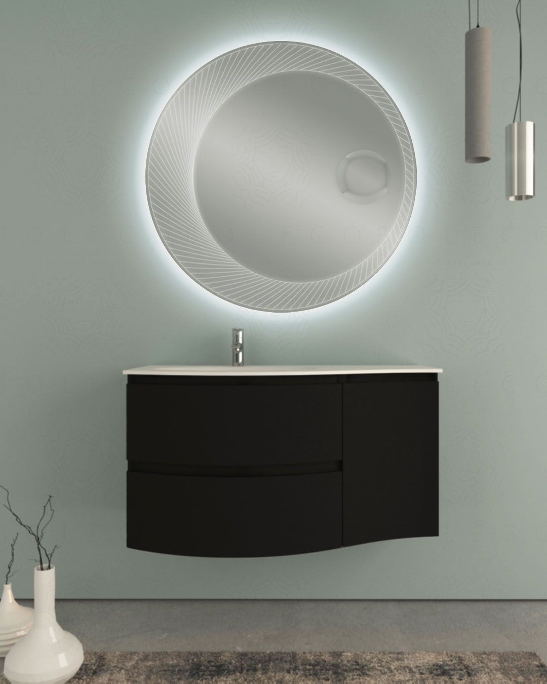 Mobile bagno curvo sospeso 105 cm nero opaco e specchio led Mobile bagno curvo sospeso 105 cm nero opaco e specchio led
