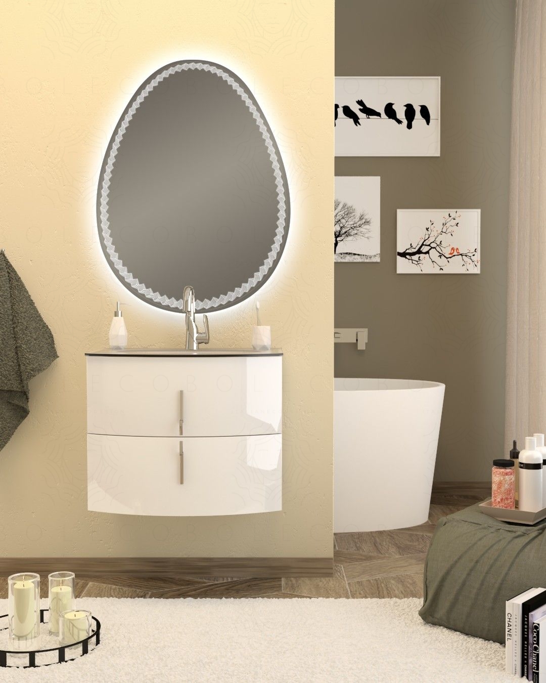 Mobile bagno sospeso Jane cm 70 bianco lucido e specchio led - curvo Mobile bagno sospeso Jane cm 70 bianco lucido e specchio led - curvo