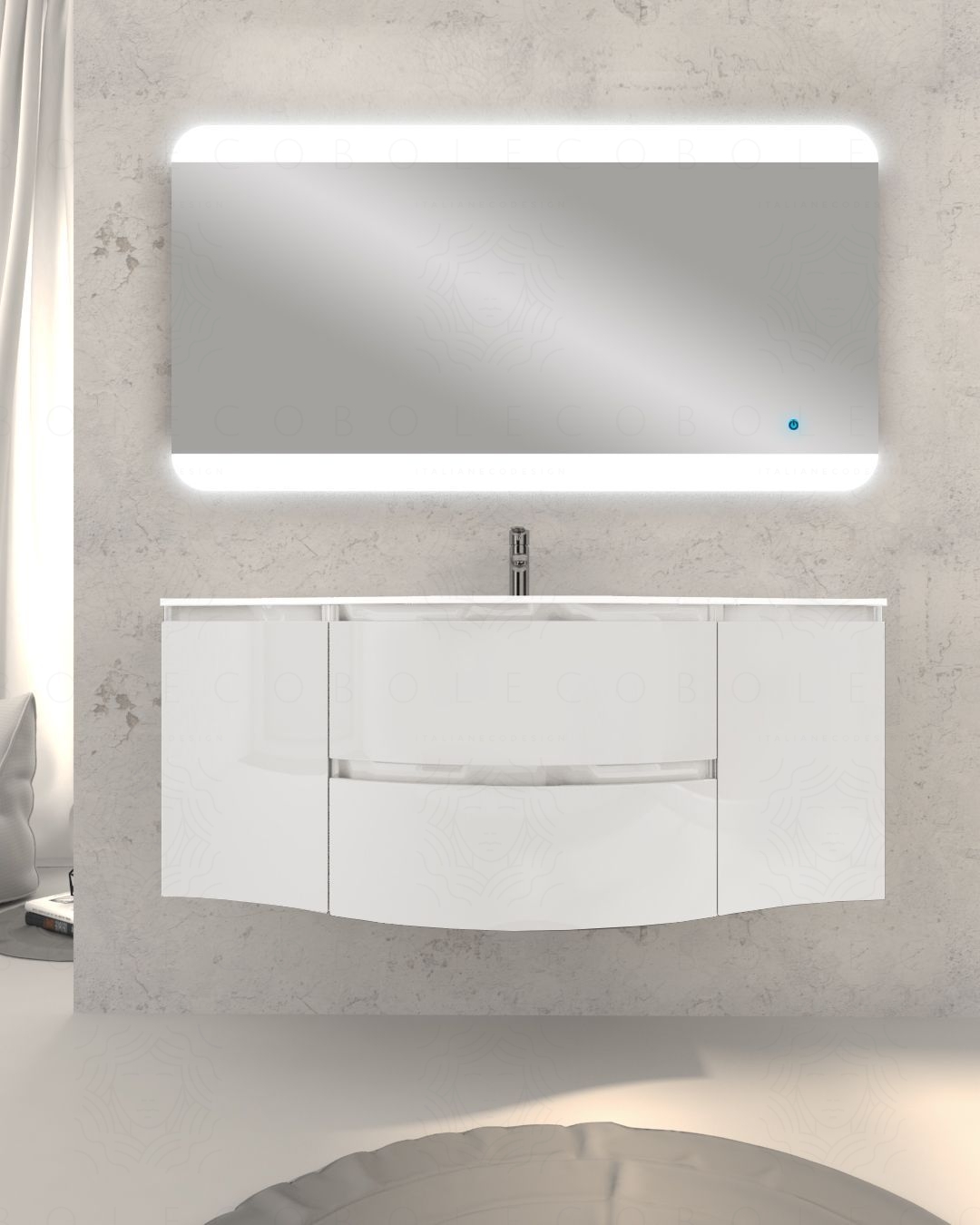 Mobile bagno sospeso Greta, curvo, cm.138 con specchio led Mobile bagno sospeso Greta, curvo, cm.138 con specchio led