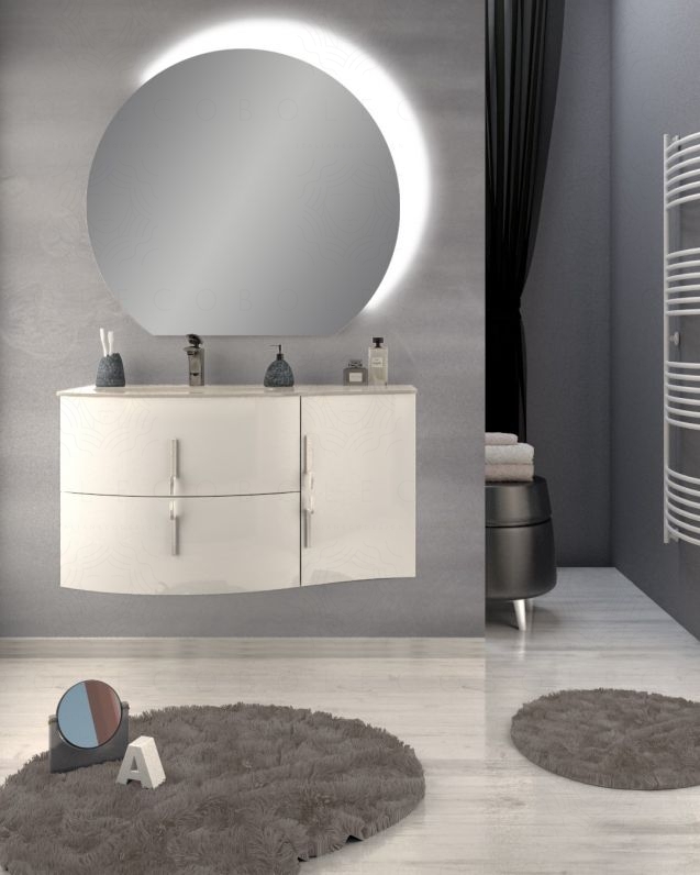 Mobile bagno sospeso Jane, curvo, cm.104 con specchio led