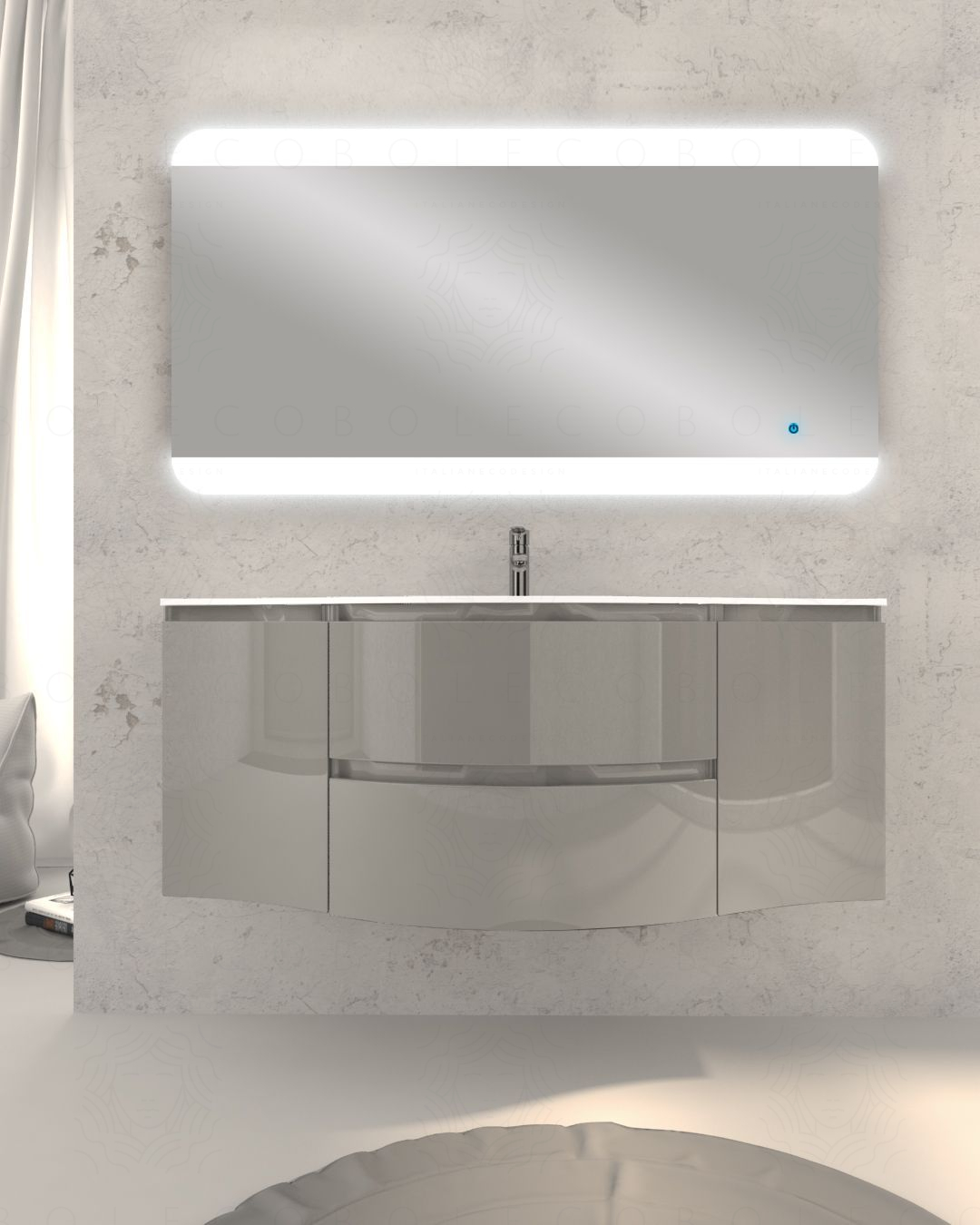 Mobile bagno sospeso 138 cm curvo grigio lucido e specchio led Mobile bagno sospeso 138 cm curvo grigio lucido e specchio led