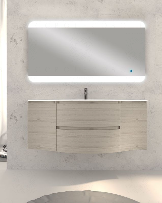 Mobile bagno sospeso 138 cm curvo rovere grigio e specchio led Mobile bagno sospeso 138 cm curvo rovere grigio e specchio led