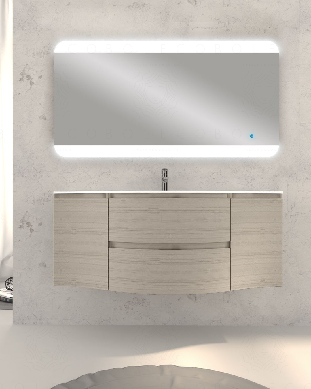 Mobile bagno sospeso 138 cm curvo rovere grigio e specchio led Mobile bagno sospeso 138 cm curvo rovere grigio e specchio led