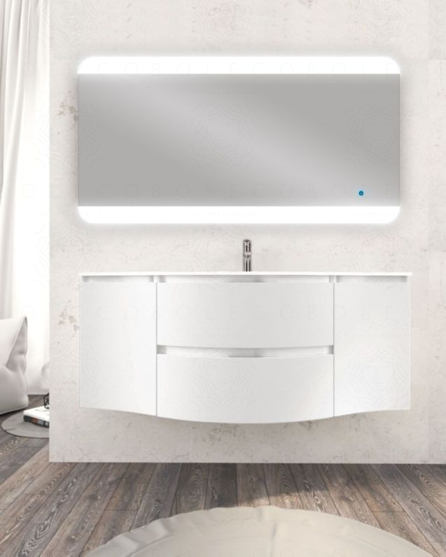 Mobile bagno sospeso 138 cm curvo bianco opaco e specchio led - Mobile bagno sospeso 138 cm curvo bianco opaco e specchio led -