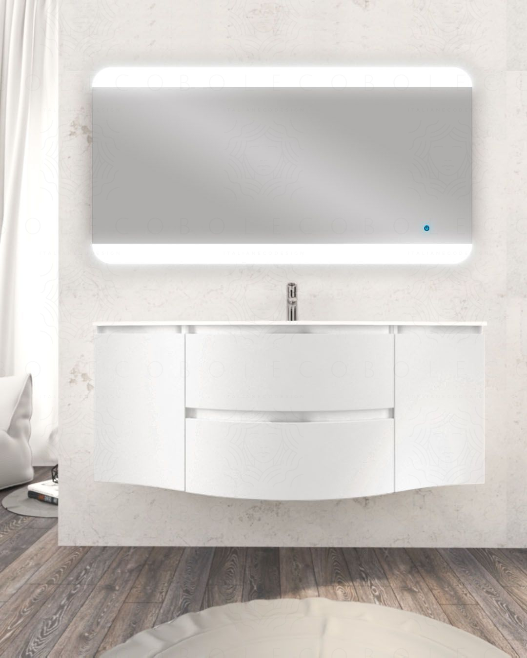 Mobile bagno sospeso 138 cm curvo bianco opaco e specchio led - Mobile bagno sospeso 138 cm curvo bianco opaco e specchio led -