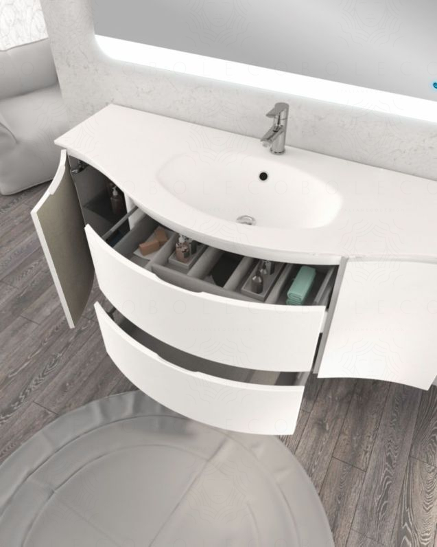 Mobile bagno sospeso 138 cm curvo bianco opaco e specchio led - Mobile bagno sospeso 138 cm curvo bianco opaco e specchio led -
