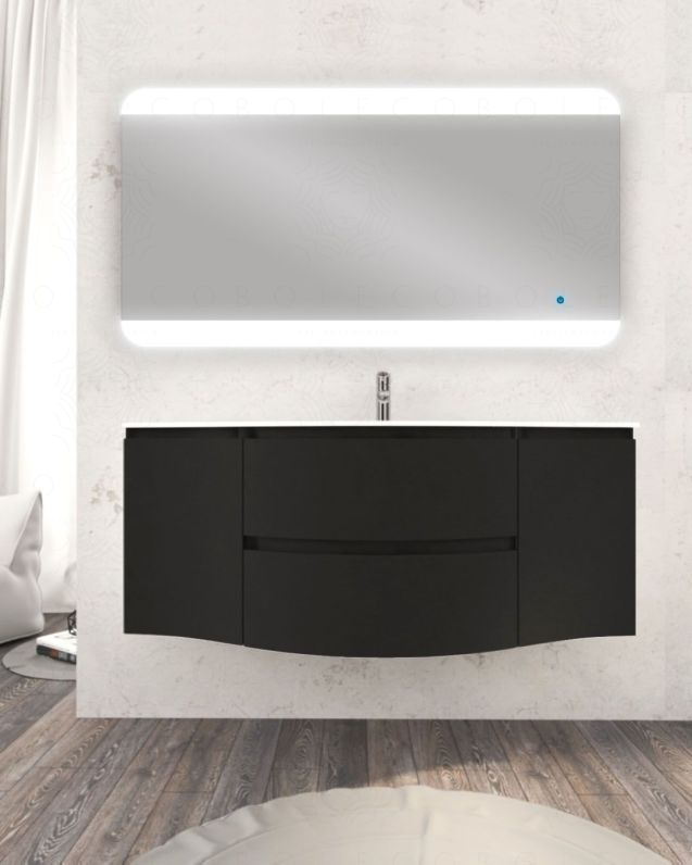 Mobile bagno sospeso 138 cm curvo nero opaco e specchio led - Mobile bagno sospeso 138 cm curvo nero opaco e specchio led -