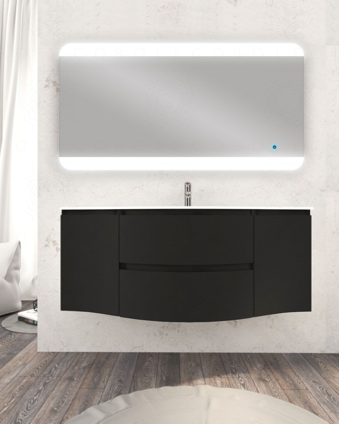 Mobile bagno sospeso 138 cm curvo nero opaco e specchio led - Mobile bagno sospeso 138 cm curvo nero opaco e specchio led -