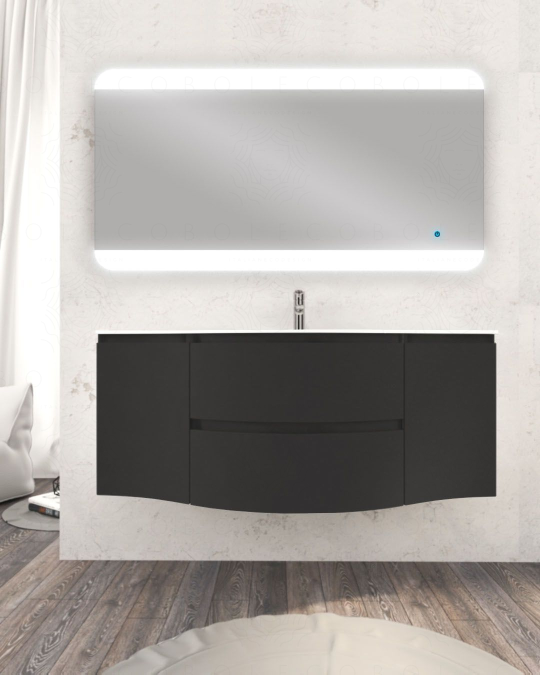 Mobile bagno sospeso 138 cm curvo lavagna e specchio led – Greta Mobile bagno sospeso 138 cm curvo lavagna e specchio led – Greta
