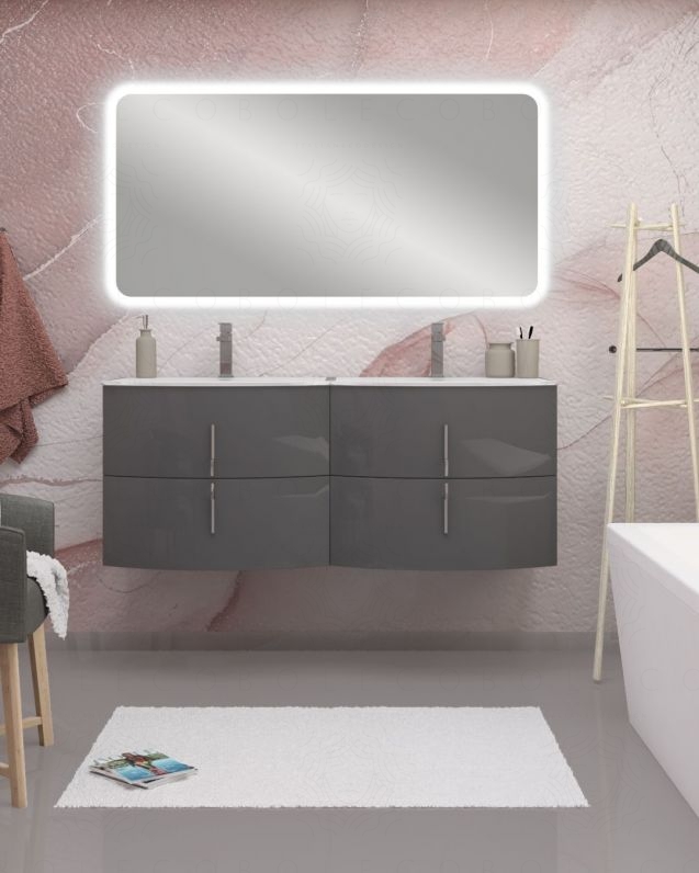 Mobile bagno sospeso Jane, curvo, cm.138 con specchio led
