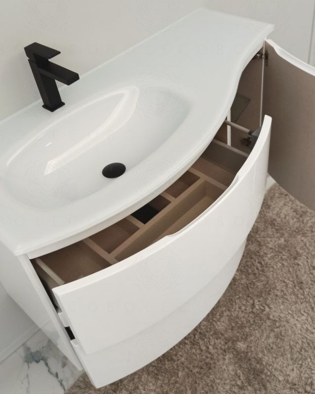 Mobile bagno sospeso curvo 105 cm con lavabo in vetro – Greta Mobile bagno sospeso curvo 105 cm con lavabo in vetro – Greta