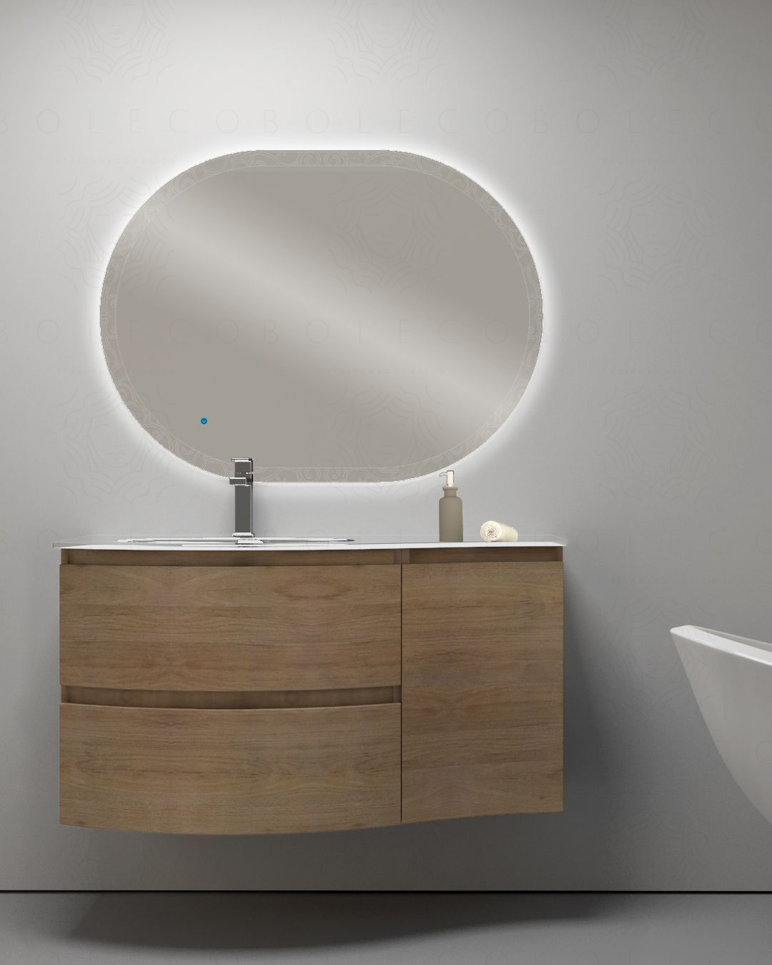 Mobile bagno sospeso curvo 105 cm rovere naturale con lavabo in Mobile bagno sospeso curvo 105 cm rovere naturale con lavabo in